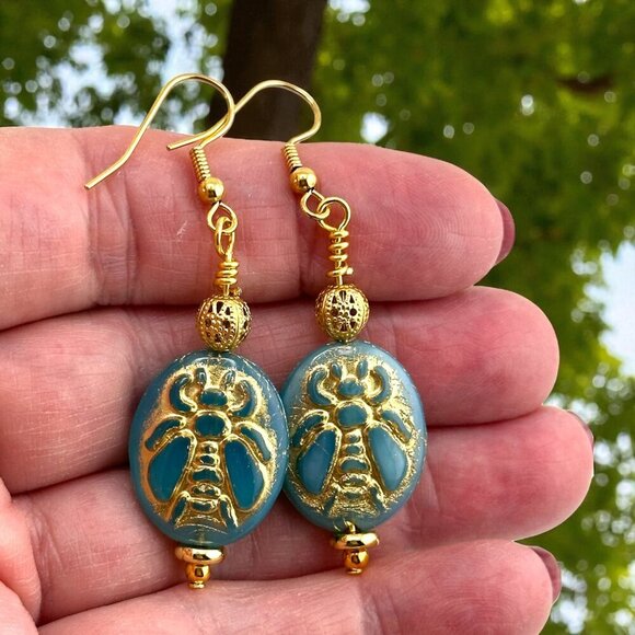 Sky Blue Gold Dusted Bee Earrings Gold Plated French Hook Ear Wires - Picture 5 of 9